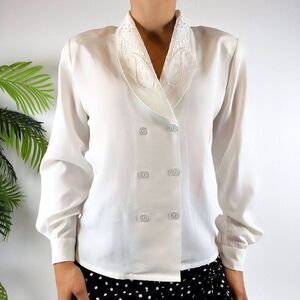 Vintage 90s Cottagecore White Double Breasted Long Sleeve Dress Blouse / Size: 4